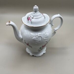Wawel Poland Porcelain Teapot Pink Roses Gold Trim Embossed White Floral Vintage